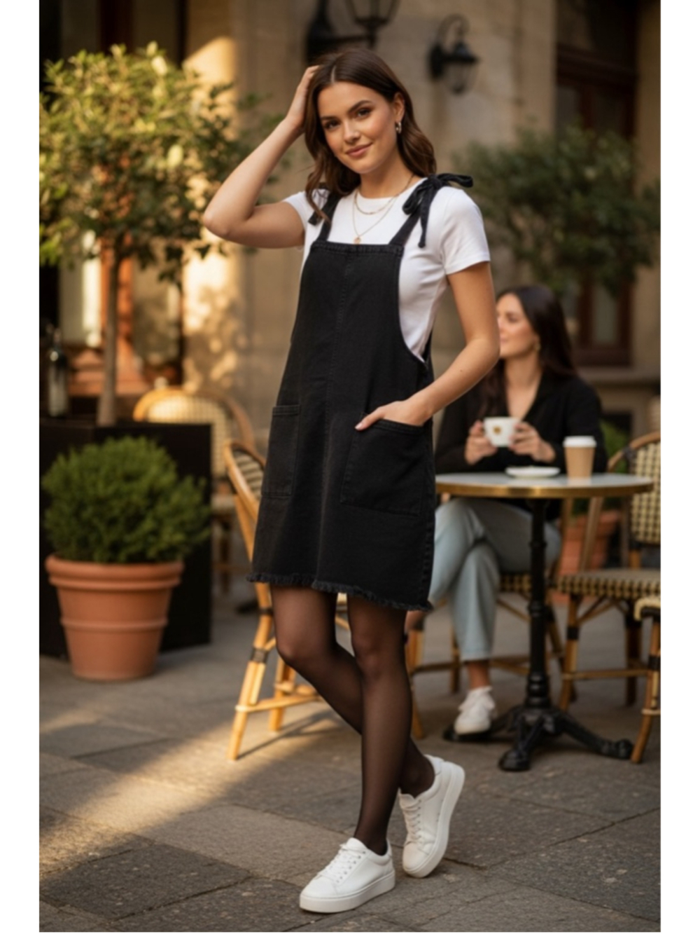 Wildfree Black Denim Overall Dress Tie Strap Frayed Hem Pockets